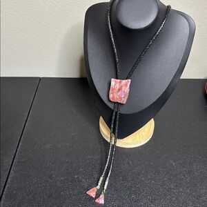 Western Fashion Pink Stone Black Braided Bolo Necklace